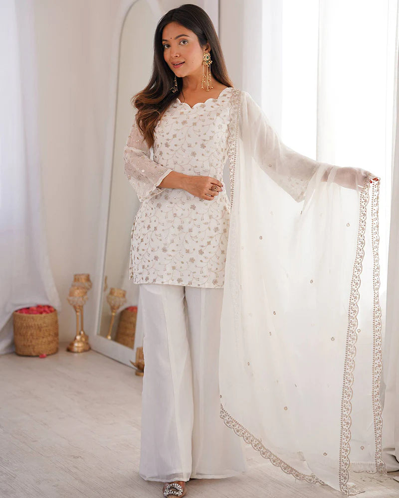 Womenline Off-White Color Crunchy Silk Embroidered Plazzo Suit