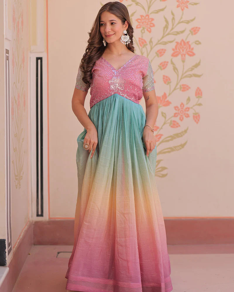 Womenline Puce pink Color Gold Crush Embroidered work Gown