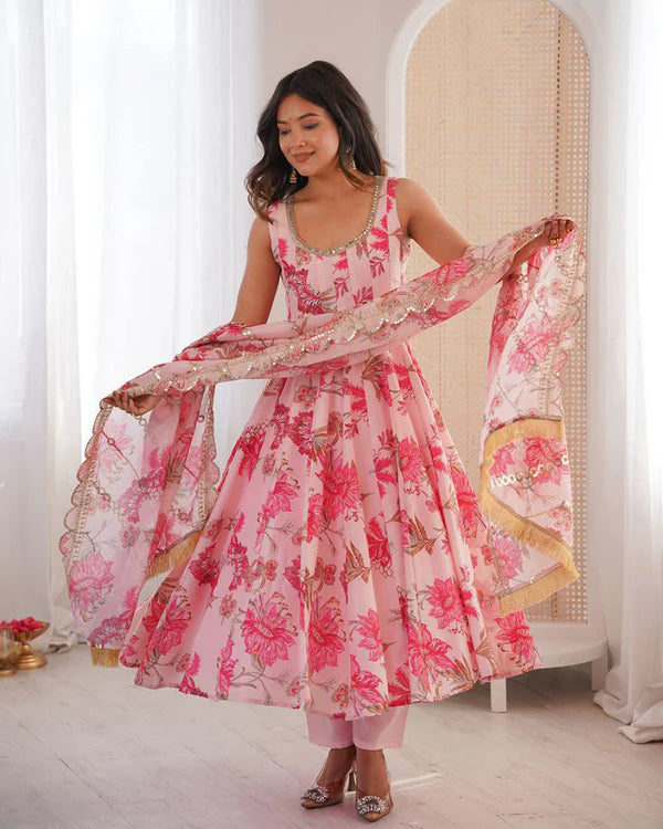 Womenline Baby Pink Color Pure Muslin Cotton Three Piece Anarkali Suit
