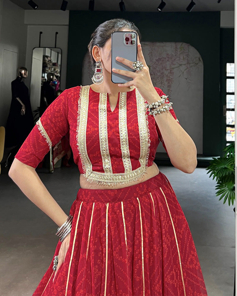 Womenline Red Color Chiffon Bandhej Printed Navratri Lehenga Choli