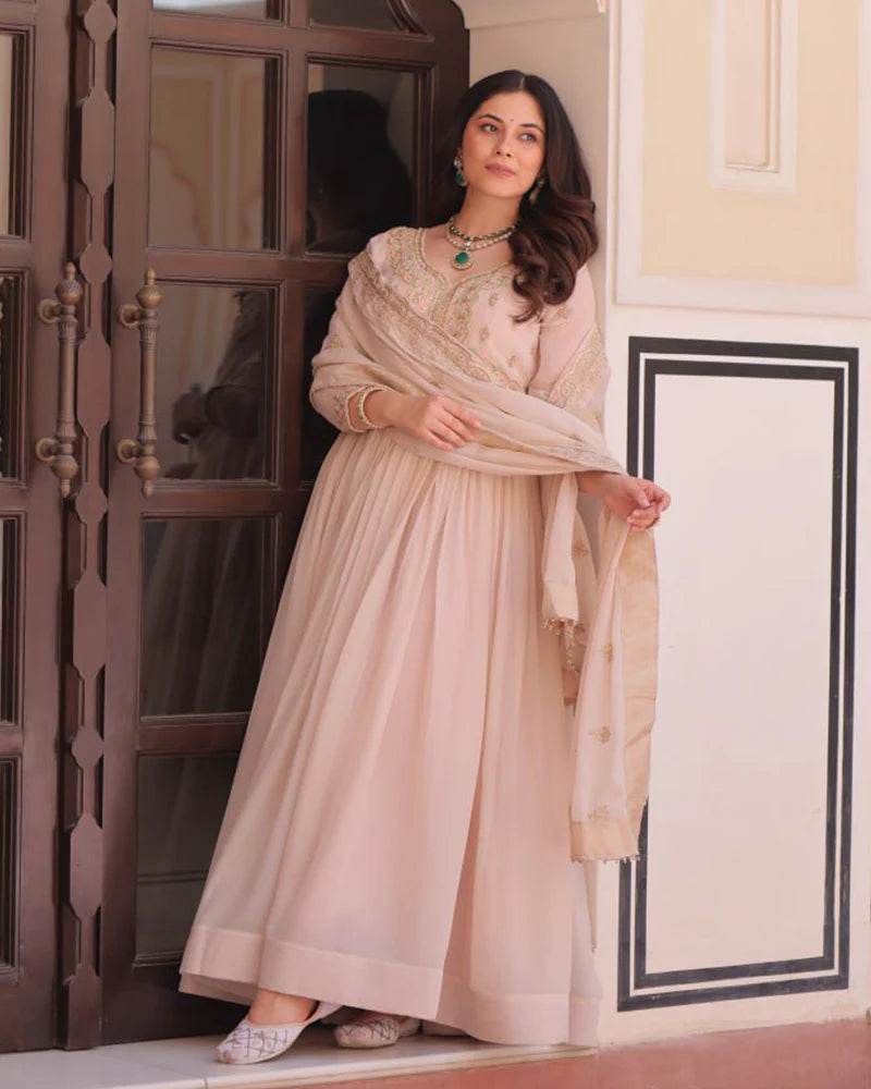 Womenline Cream Color Star Georgette Embroidered Gown