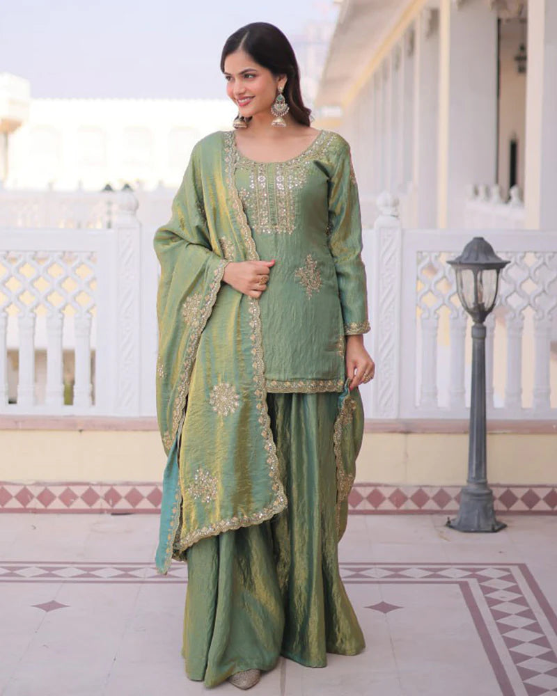 Womenline Pista Color Fendi Crush Embroidered Plazzo Suit