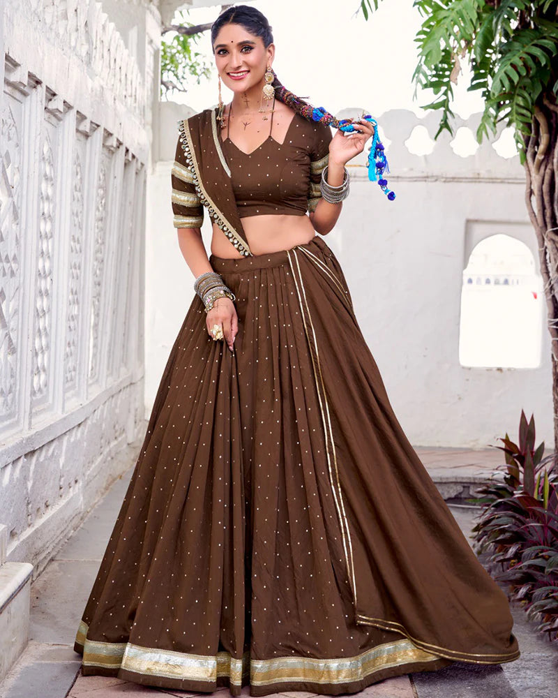Womenline Classic Brown Color Pure Chanderi Navratri Lehenga Choli