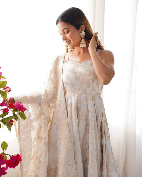 Womenline Off-White Color Banarasi Jacquard Silk Anarkali Suit