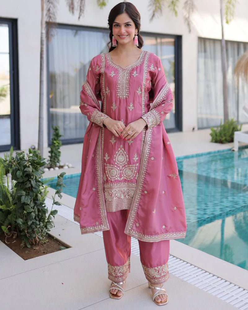Womenline Pink Color Ho Silk Embroidered Kurti Suit