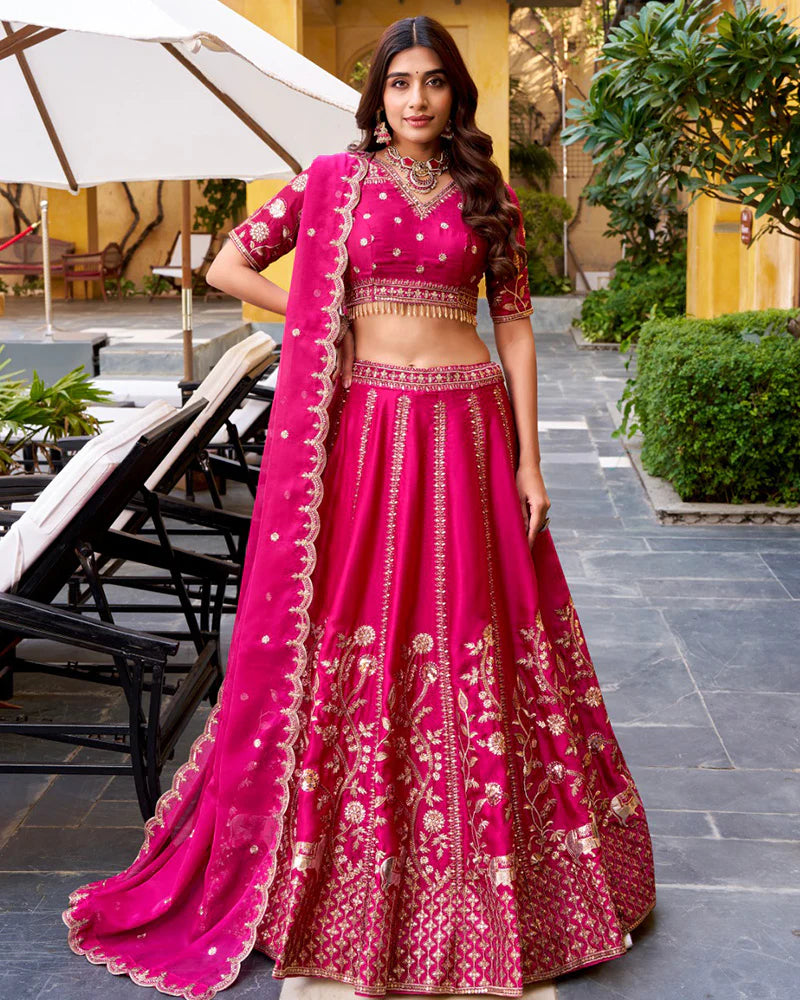 Womenline Rani Pink Color Natural Silk Embroidered Lehenga Choli