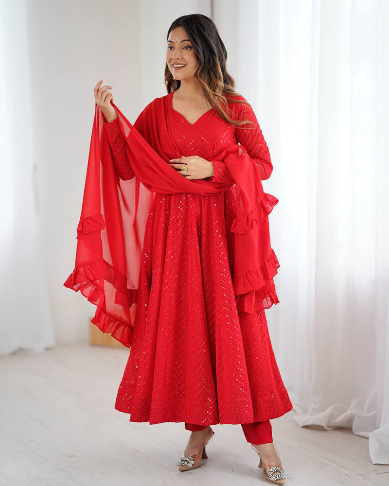 Womenline Designer Red Color Georgette Lucknowi Three Piece Anarkali Suit