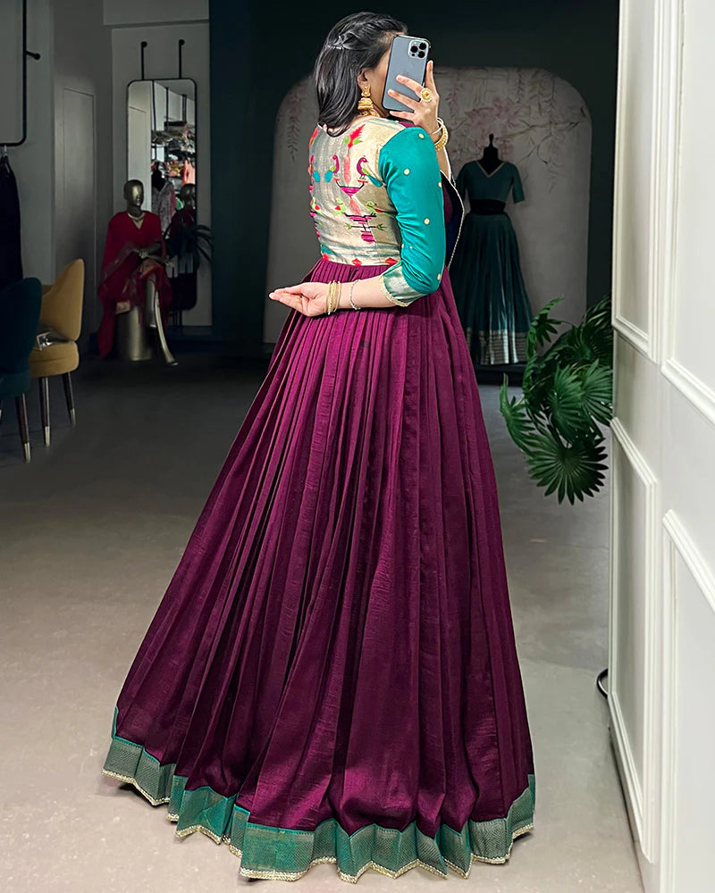 Womenline Wine Color Vichitra Silk Zari Weaving Gown