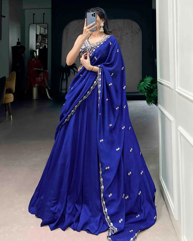 Womenline Royal Blue Color P.C. Kashmiri Embroidered Lehenga Choli