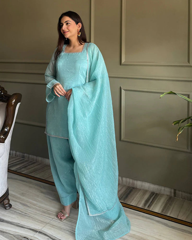 Womenline Sky Blue Color Crunchy Silk Farshi Suit