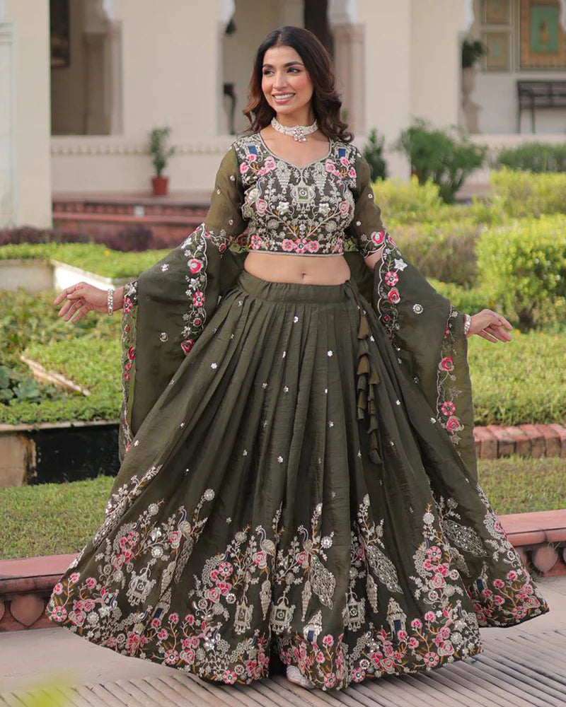 Womenline Mehndi Color Gold Crush Embroidered Lehenga Choli