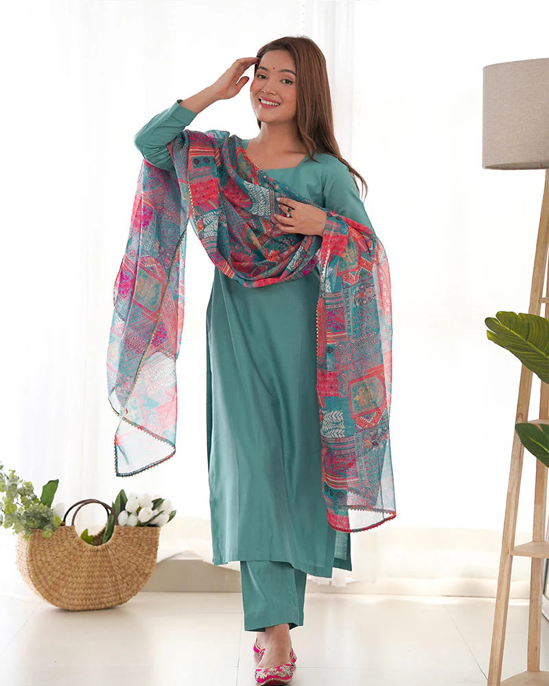 Womenline Sea Green Color Viscose Ready To wear Three Piece Kurti Suit