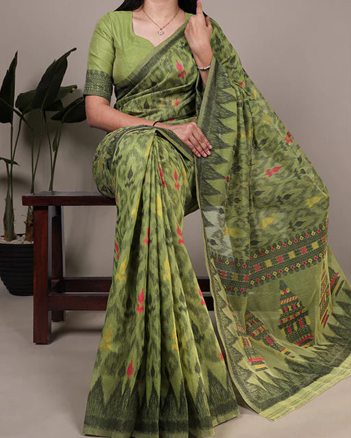 Womenline Green Color Thread Weaving Poly Cotton Saree