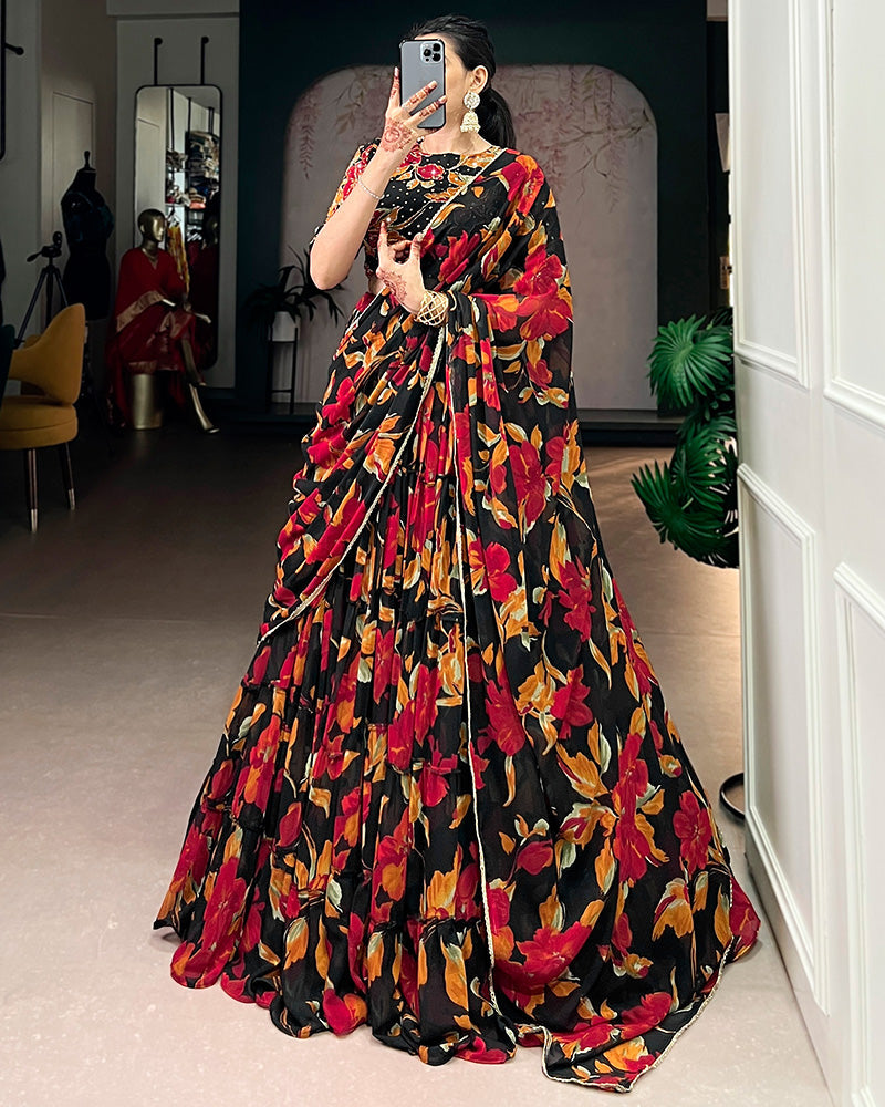 Womenline Black Color Marble Floral Printed Lehenga Choli