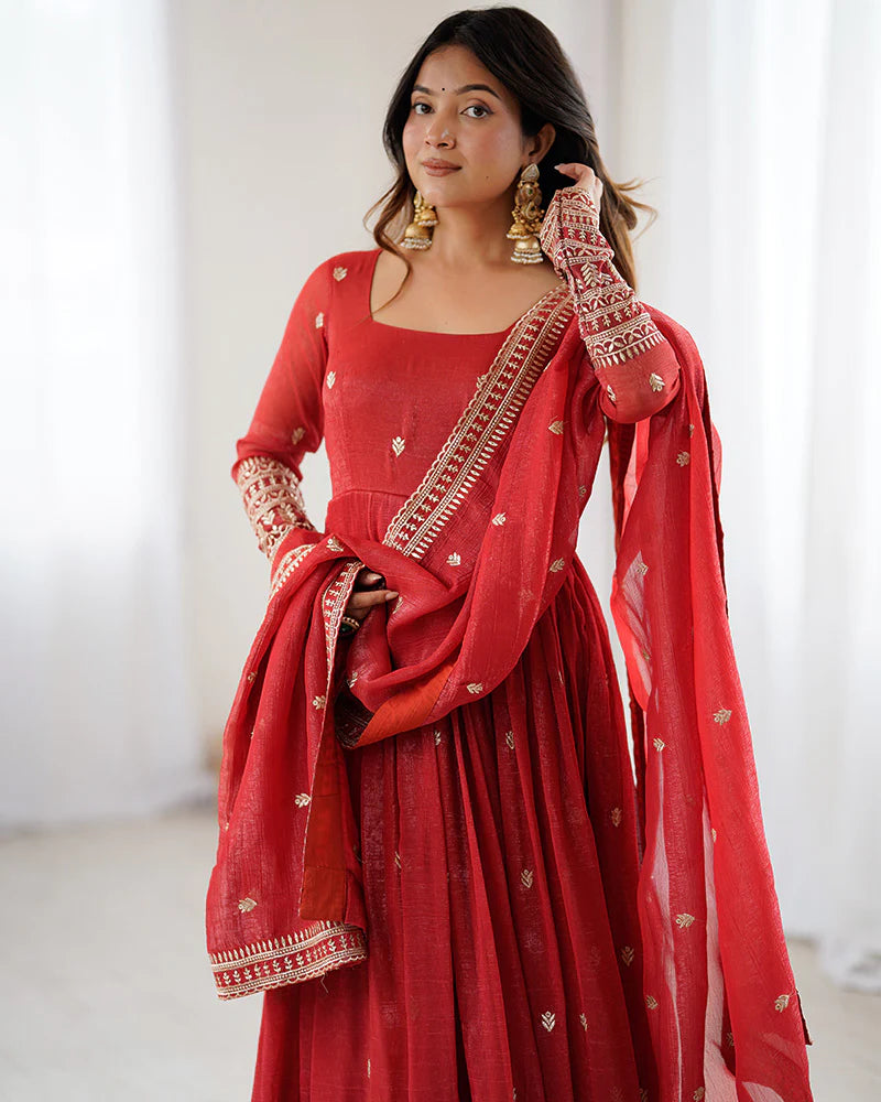 Womenline Rust Color Crunchy Silk Embroidered Gown