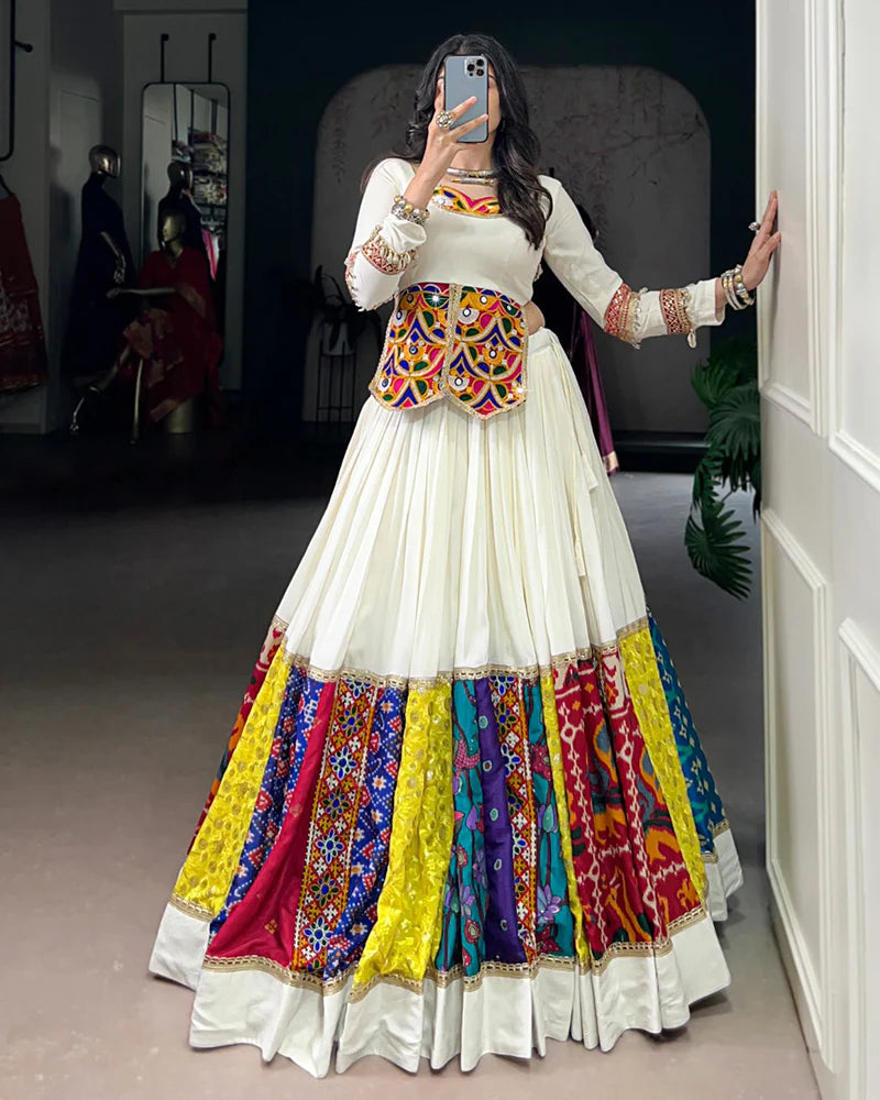 Womenline Multi White Color Pure Rayon Navratri Lehenga Choli