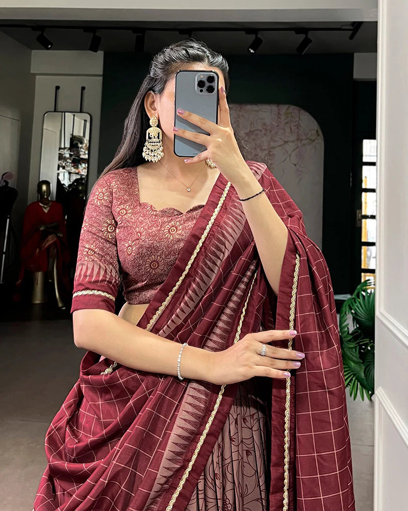 Womenline Maroon Color Tasar Silk Kalamkari Printed Lehenga Choli