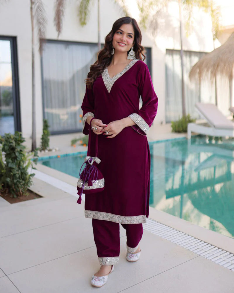 Womenline Wine Color Ice Velvet Embroidered Plazzo Suit