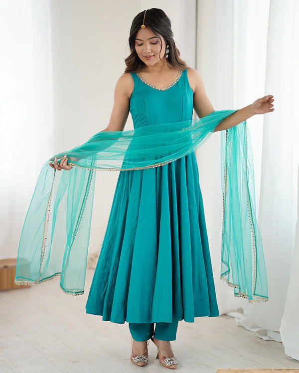 Womenline Rama Color Chanderi Pure Roman Silk Anarkali Suit