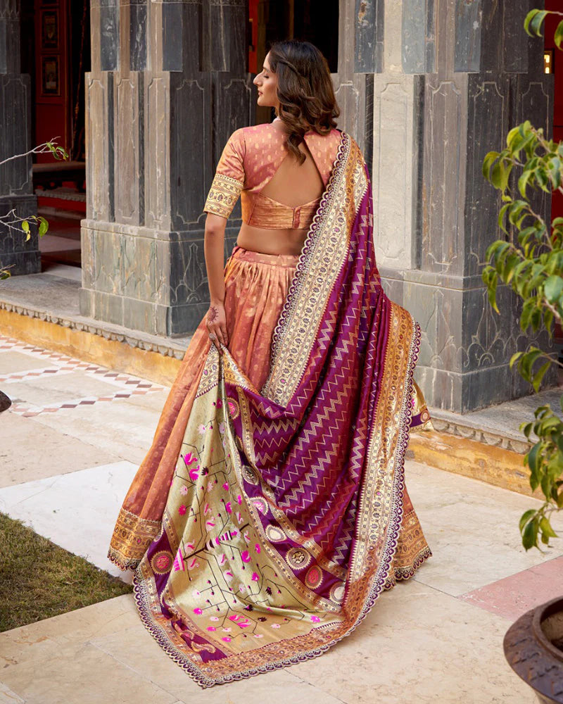 Womenline Peach Color Shimmer Organza Silk Lehenga Choli