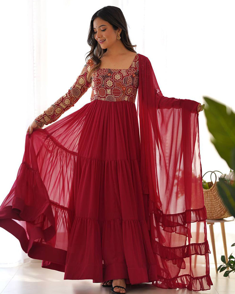 Womenline Maroon Color Soft Georgette Embroidered Anarkali Suit