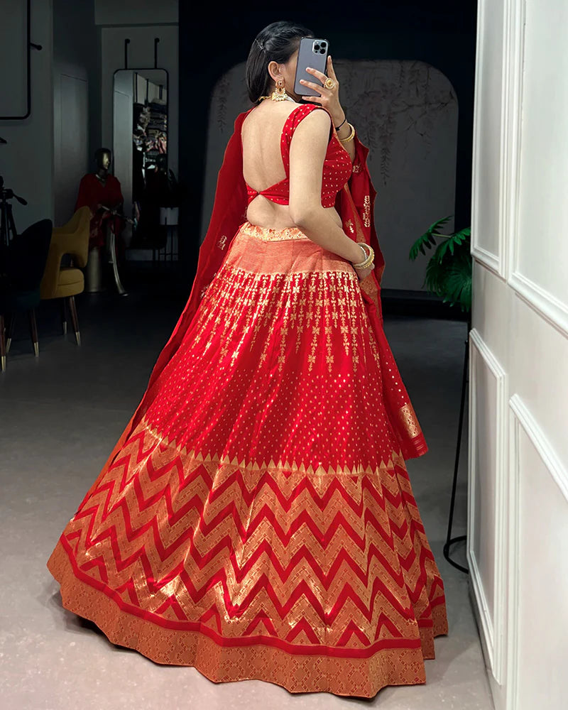 Womenline Red Color Banarasi Silk Zari Weaving Lehenga Choli