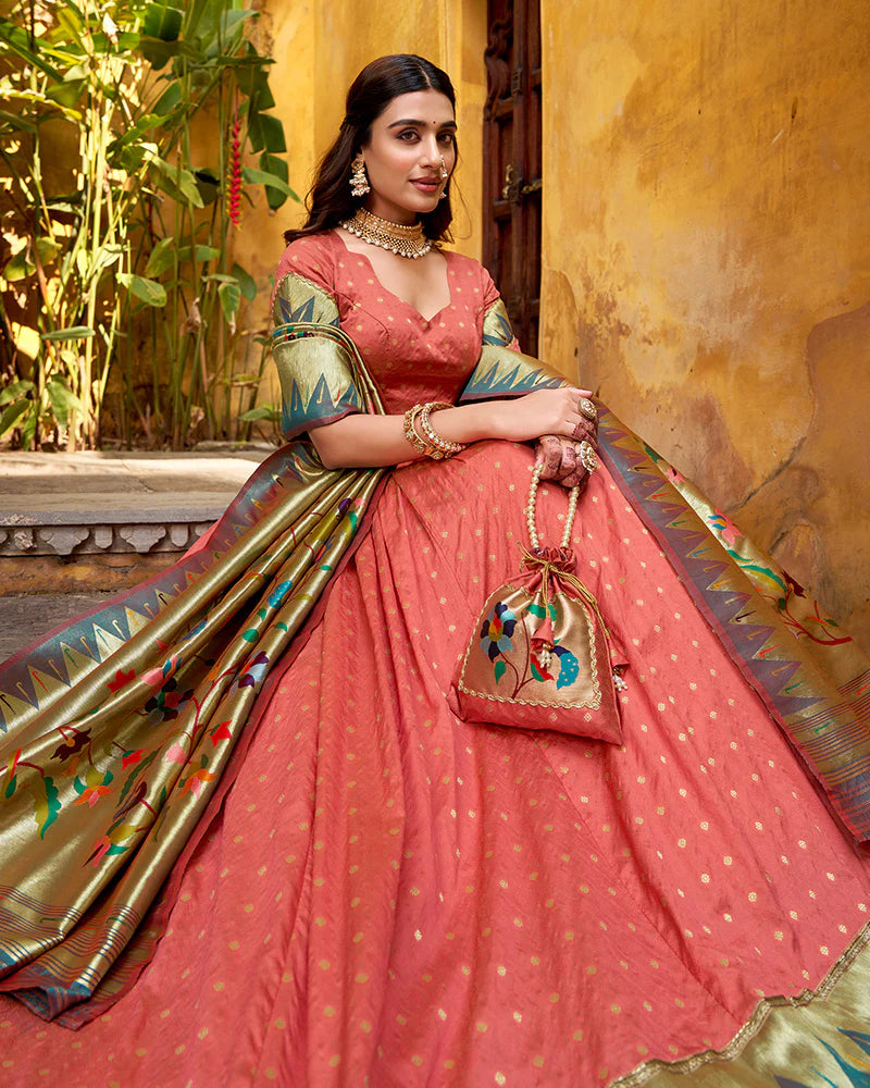 Womenline Peach Color Paithani Silk Zari Weaving Lehenga Choli
