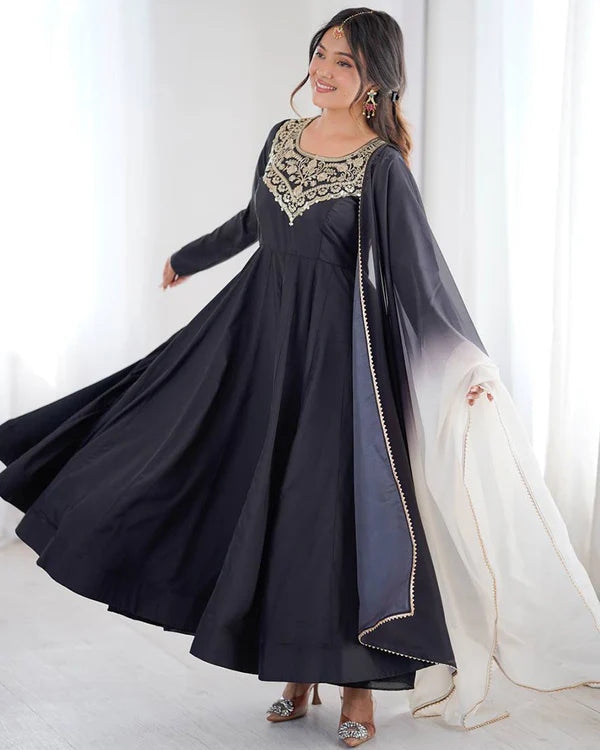 Womenline Black Color Soft French Crape Embroidered Anarkali Suit