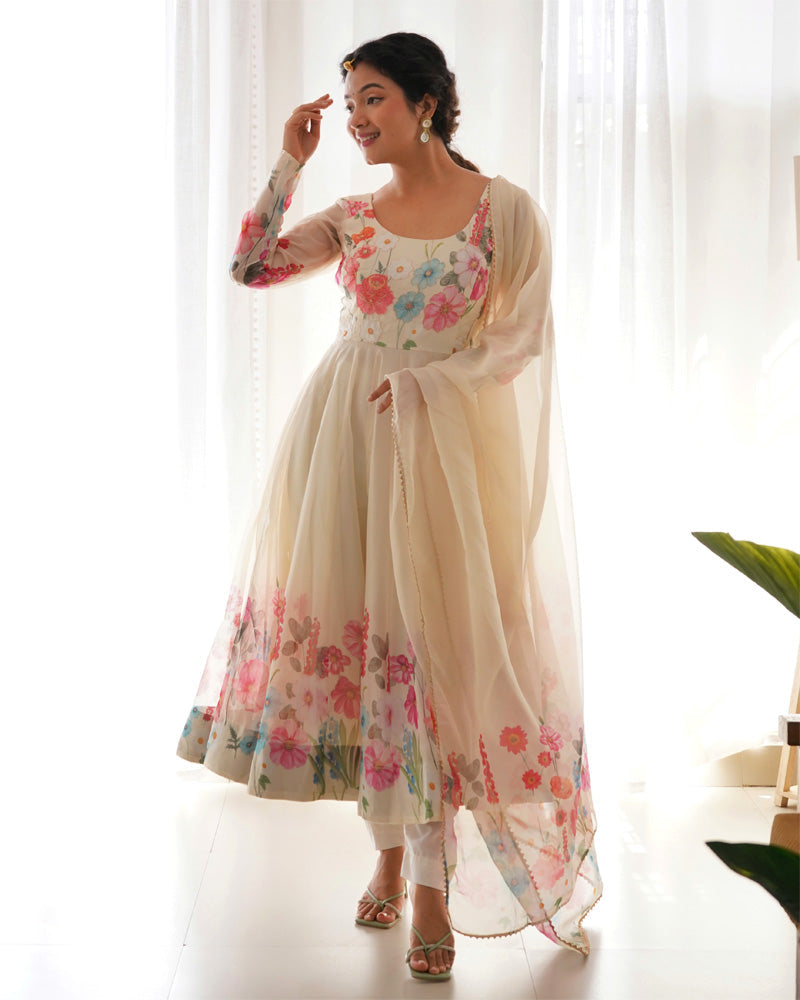 Womenline Off White Floral Print Organza Three Piece Anarkali Suit
