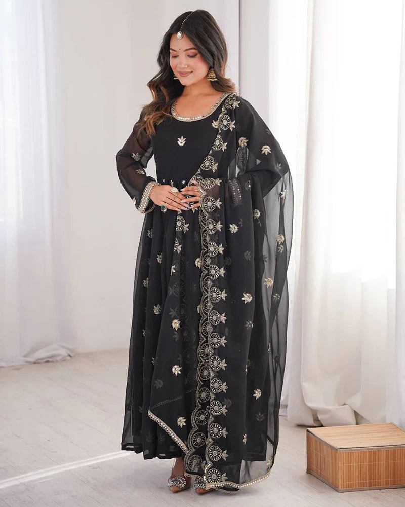 Womenline Black Color Georgette Sequence Embroidered Anarkali Suit