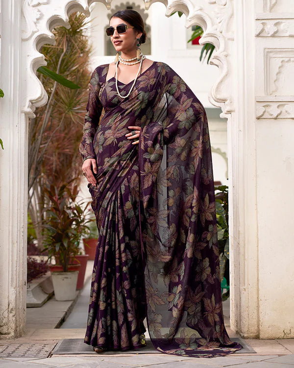 Womenline Wine Color Lurex Brasso Viscose Saree