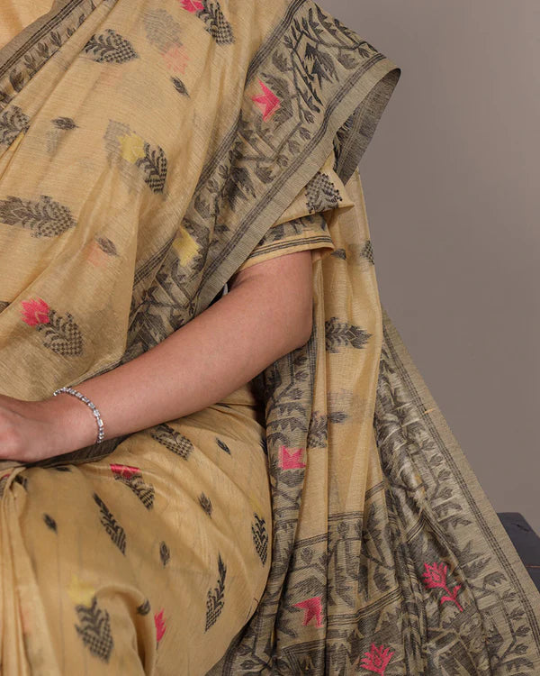 Womenline Yellow Color Thread Weaving Poly Cotton Saree