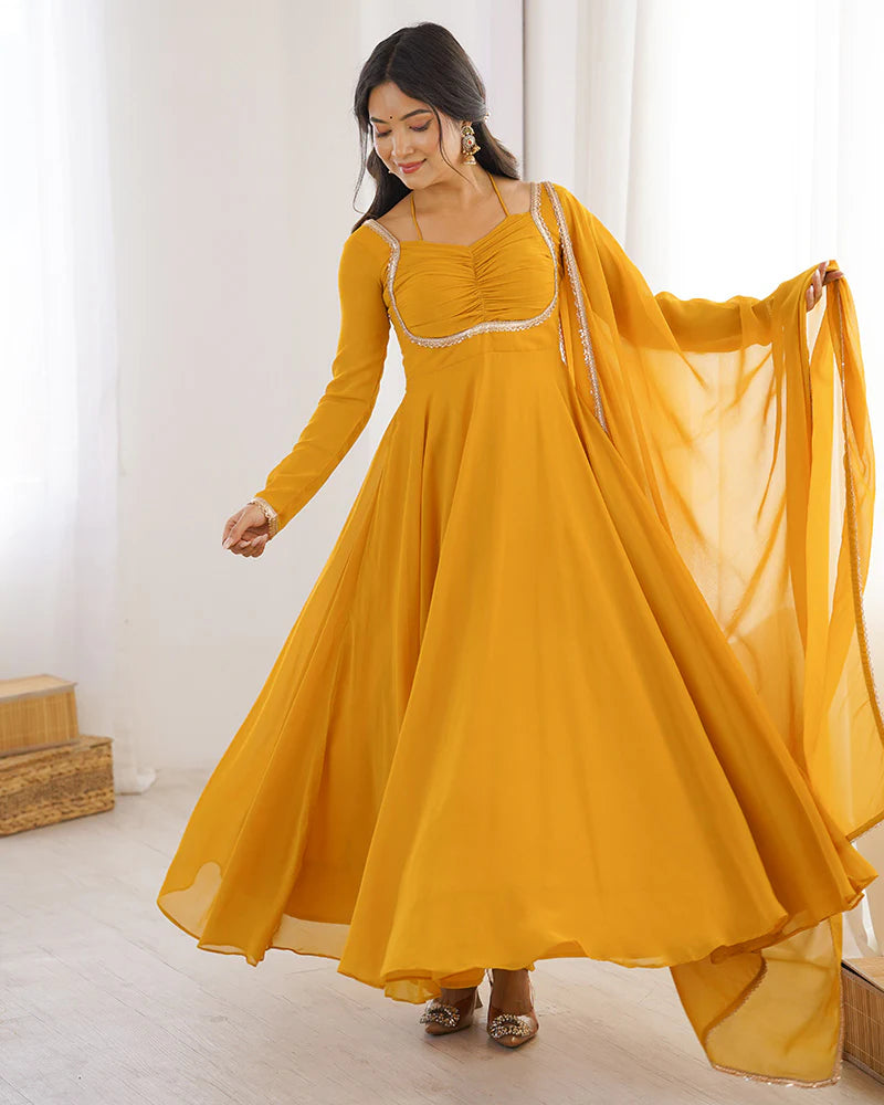 Womenline Yellow Color Pure Blooming Georgette Anarkali Gown