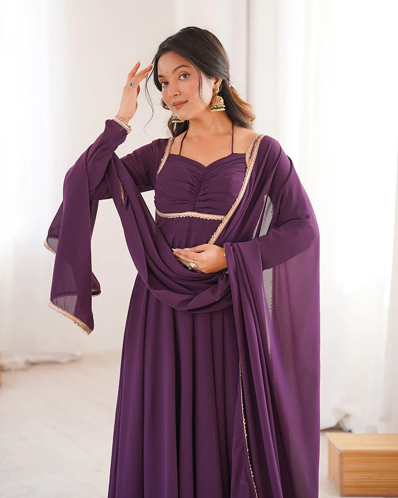 Womenline Wine Color Pure Blooming Georgette Anarkali Gown