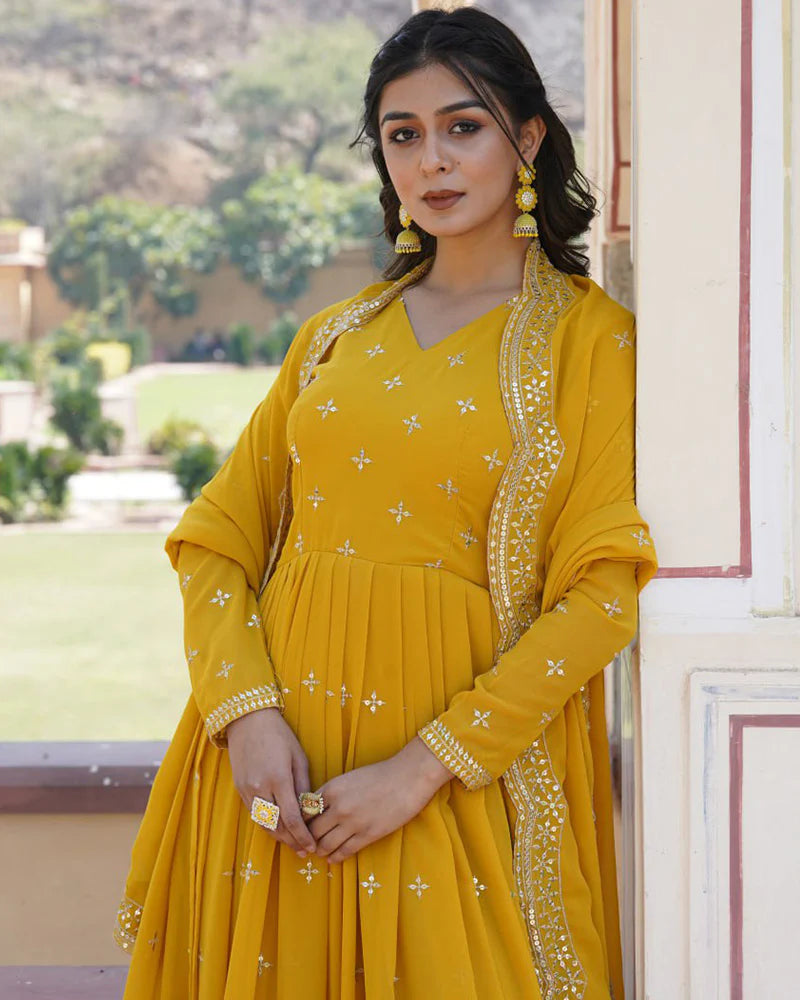 Womenline Yellow Color Full Flair Anarkali Gown With Embroidered Dupatta