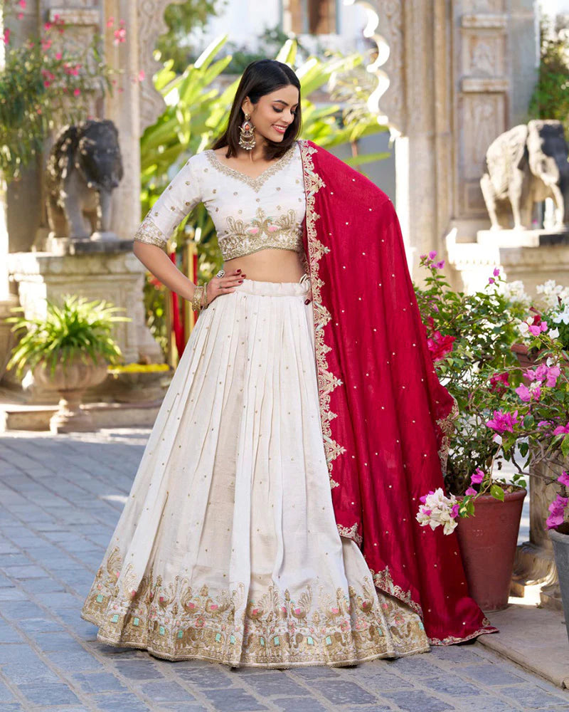 Womenline Off-White Color Vichitra Silk Thread Embroidered Lehenga Choli