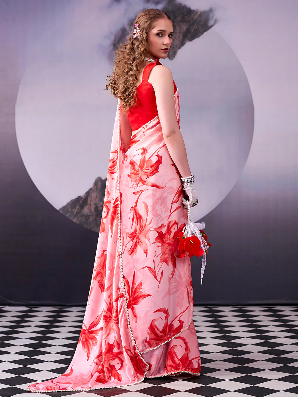 Womenline Stuning Red Color Floral Print Satin Silk Saree