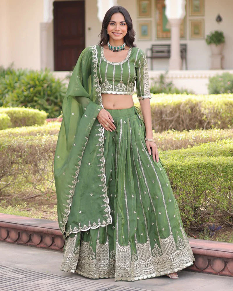 Womenline Mehndi Green Color Gold Crush Embroidered Lehenga Choli