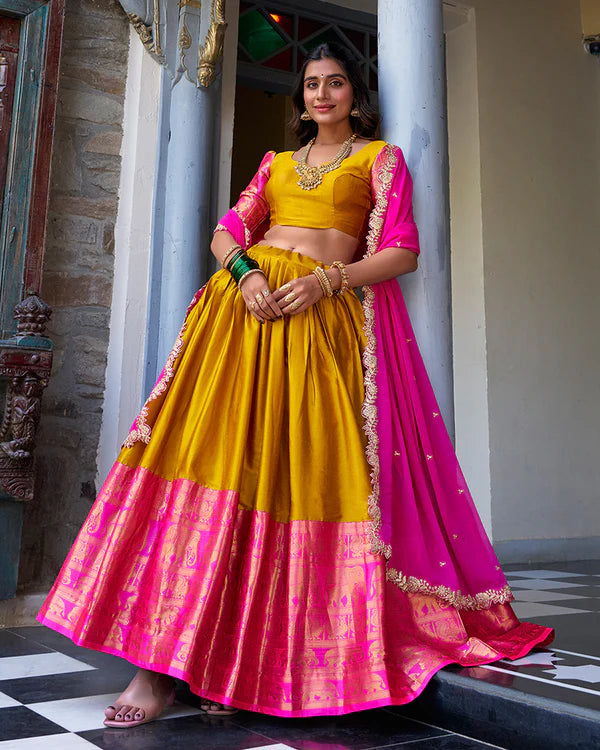 Womenline Mustard Color Narayan Pattu Silk Designer Half Saree