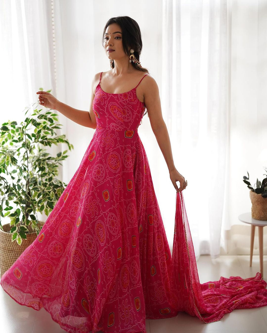 Womenline Floral Pink Color Bandhani Print Soft Chiffon Three Piece Anarkali Gown