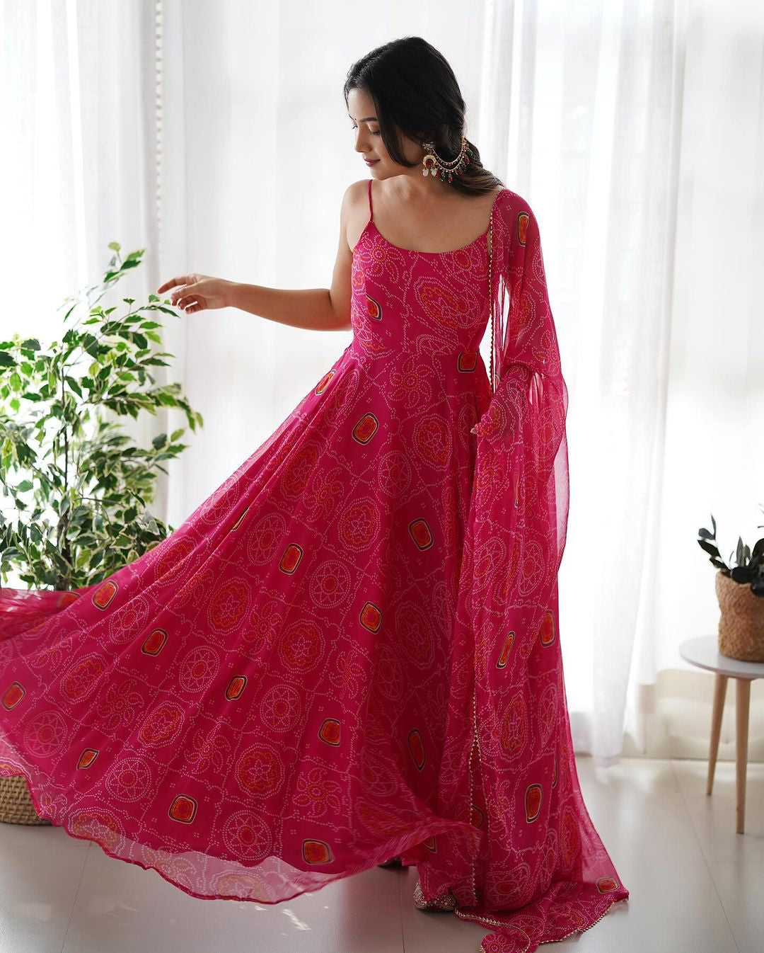 Womenline Floral Pink Color Bandhani Print Soft Chiffon Three Piece Anarkali Gown