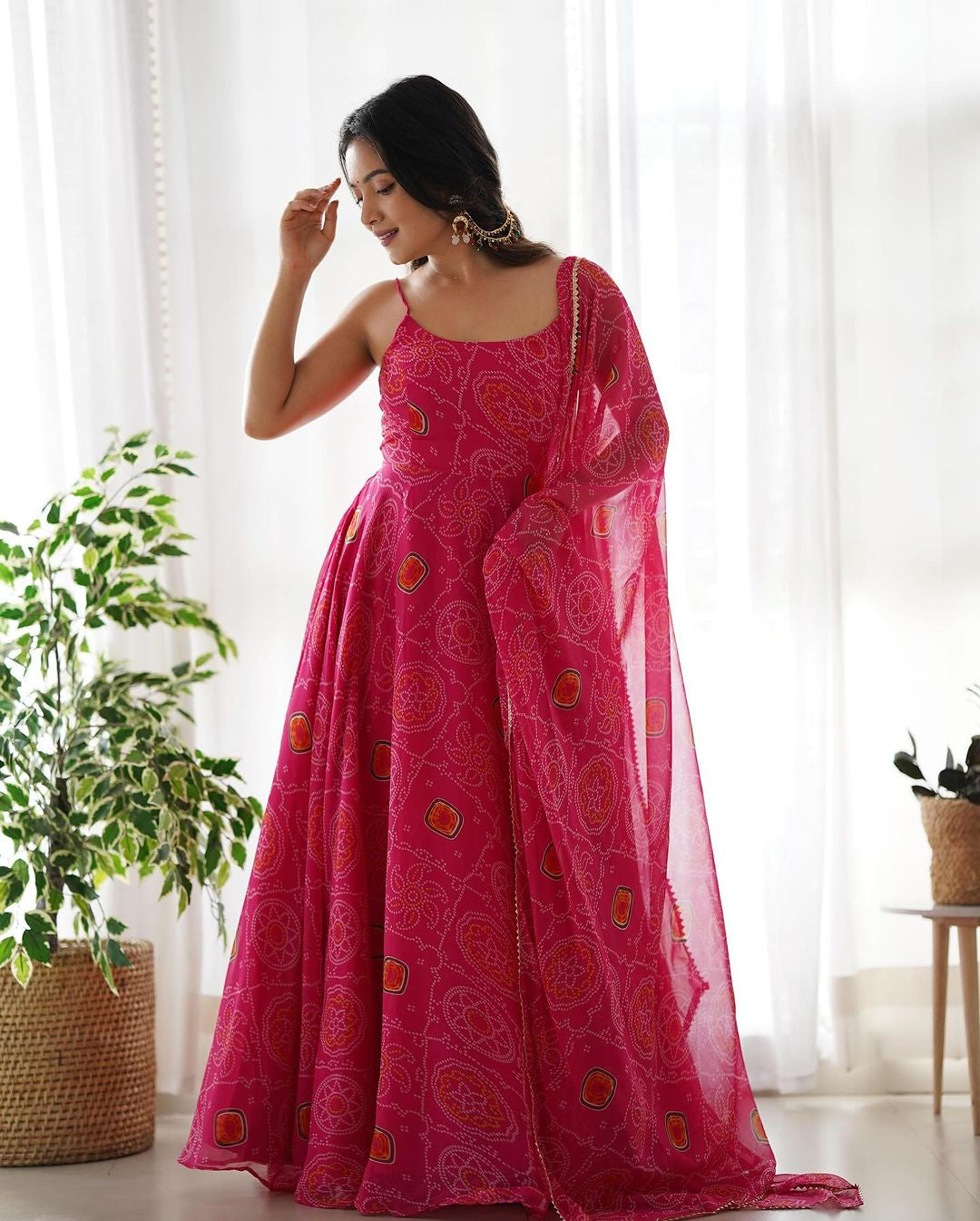 Womenline Floral Pink Color Bandhani Print Soft Chiffon Three Piece Anarkali Gown