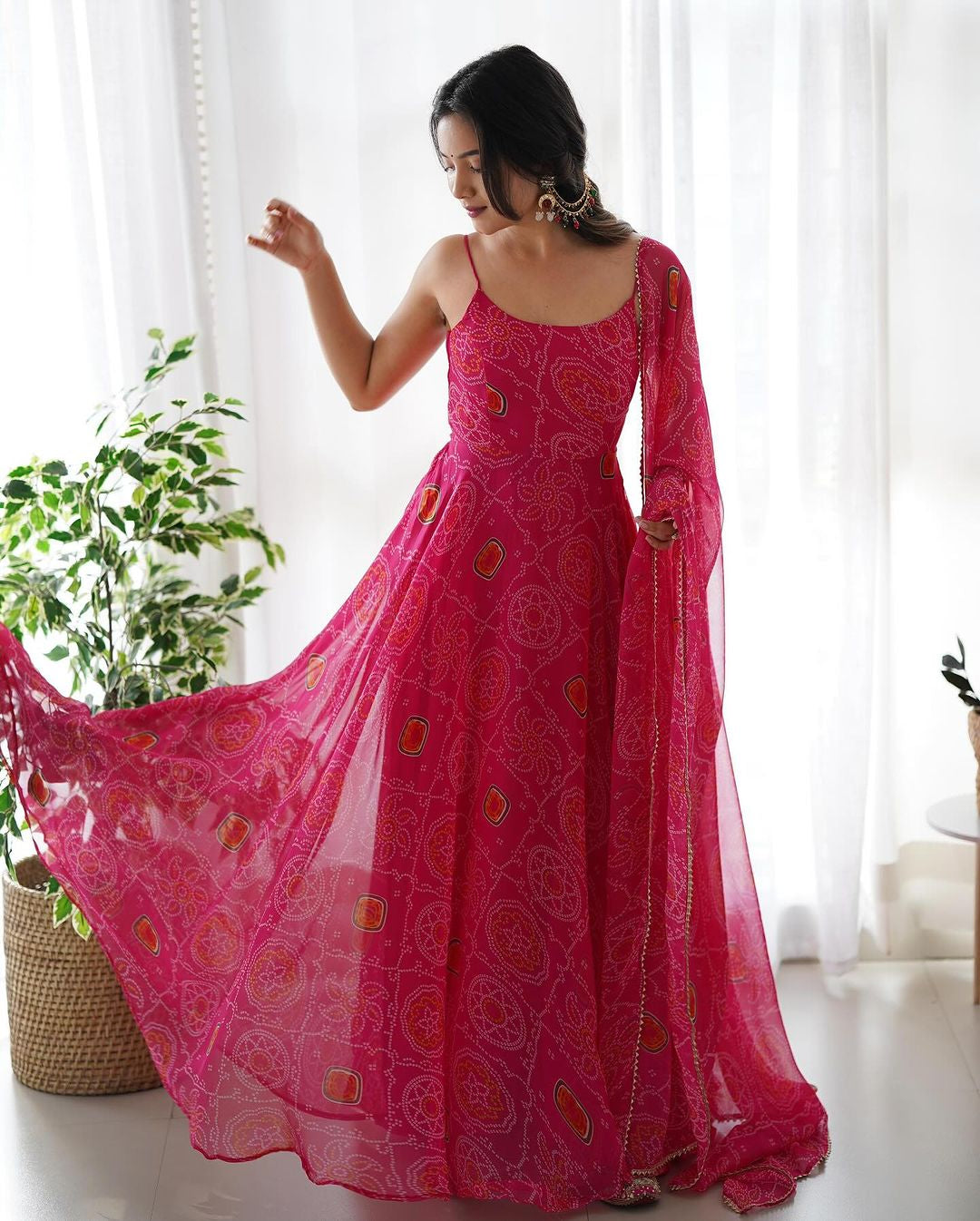 Womenline Floral Pink Color Bandhani Print Soft Chiffon Three Piece Anarkali Gown
