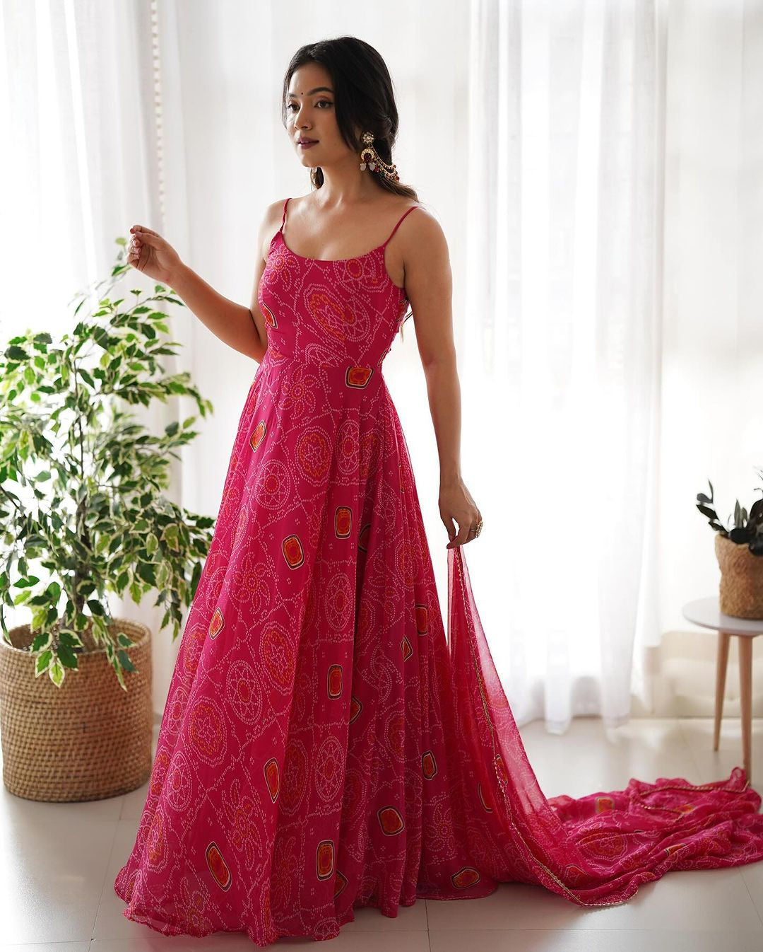 Womenline Floral Pink Color Bandhani Print Soft Chiffon Three Piece Anarkali Gown