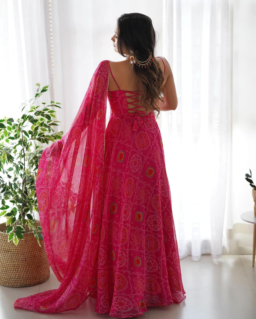 Womenline Floral Pink Color Bandhani Print Soft Chiffon Three Piece Anarkali Gown