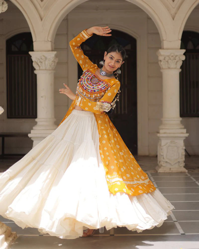 Womenline Yellow Color Bandhani Print Kurti With Kora Cotton Lehenga