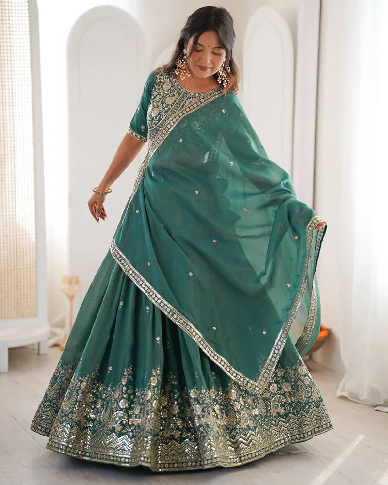 Womenline Teal Green Color Shimmer Silk Lehenga Choli