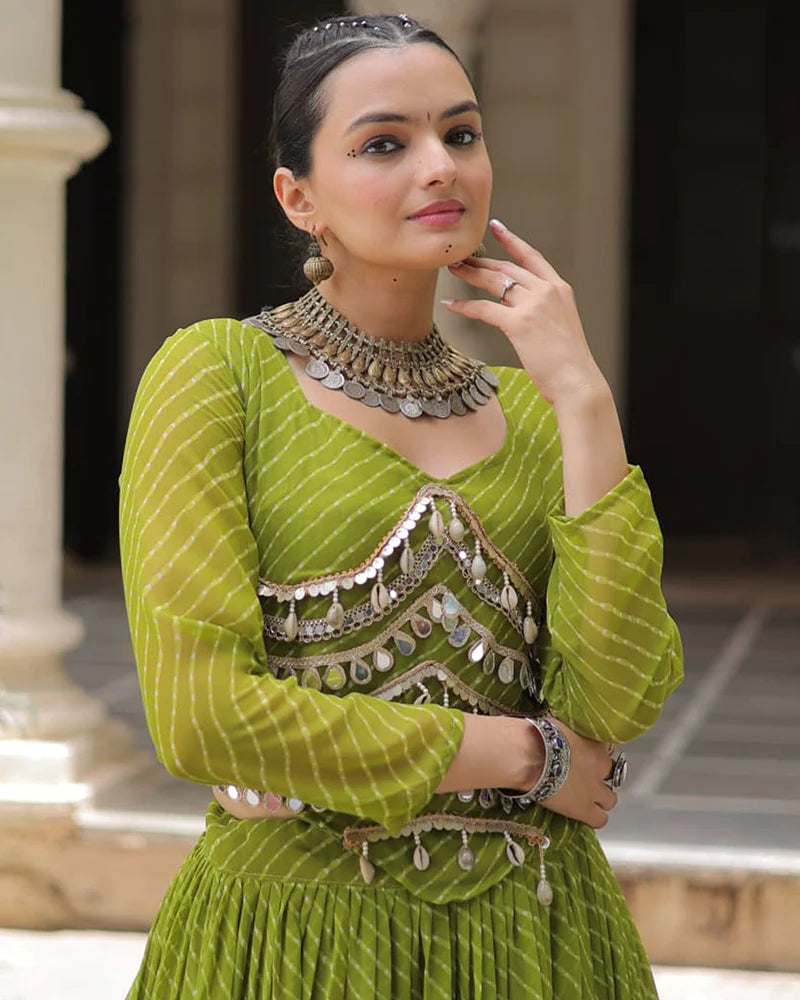 Womenline Parrot Green Color Soft Georgette Navratri Lehenga Choli