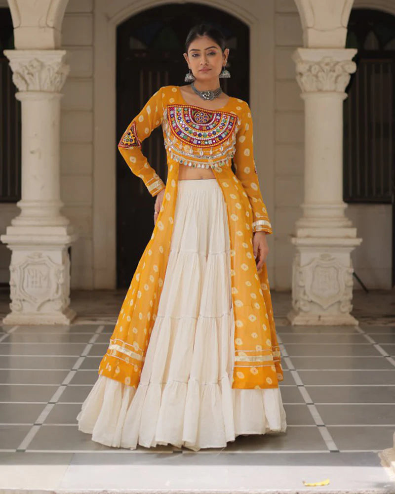 Womenline Yellow Color Bandhani Print Kurti With Kora Cotton Lehenga