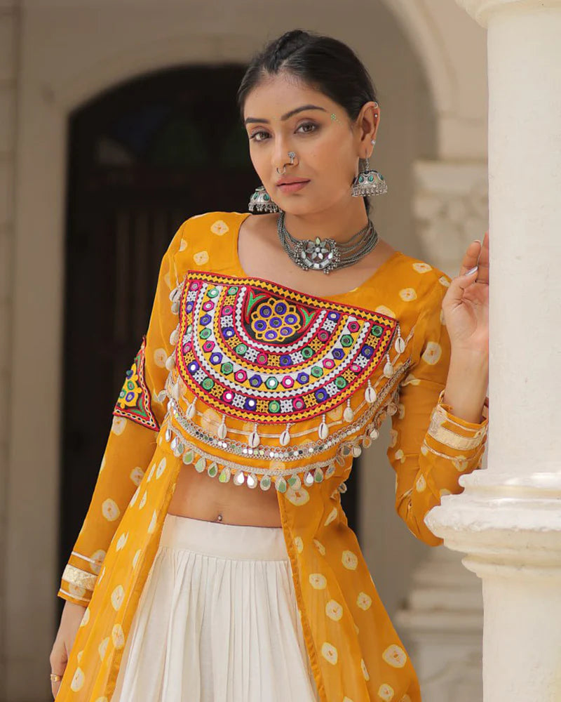 Womenline Yellow Color Bandhani Print Kurti With Kora Cotton Lehenga